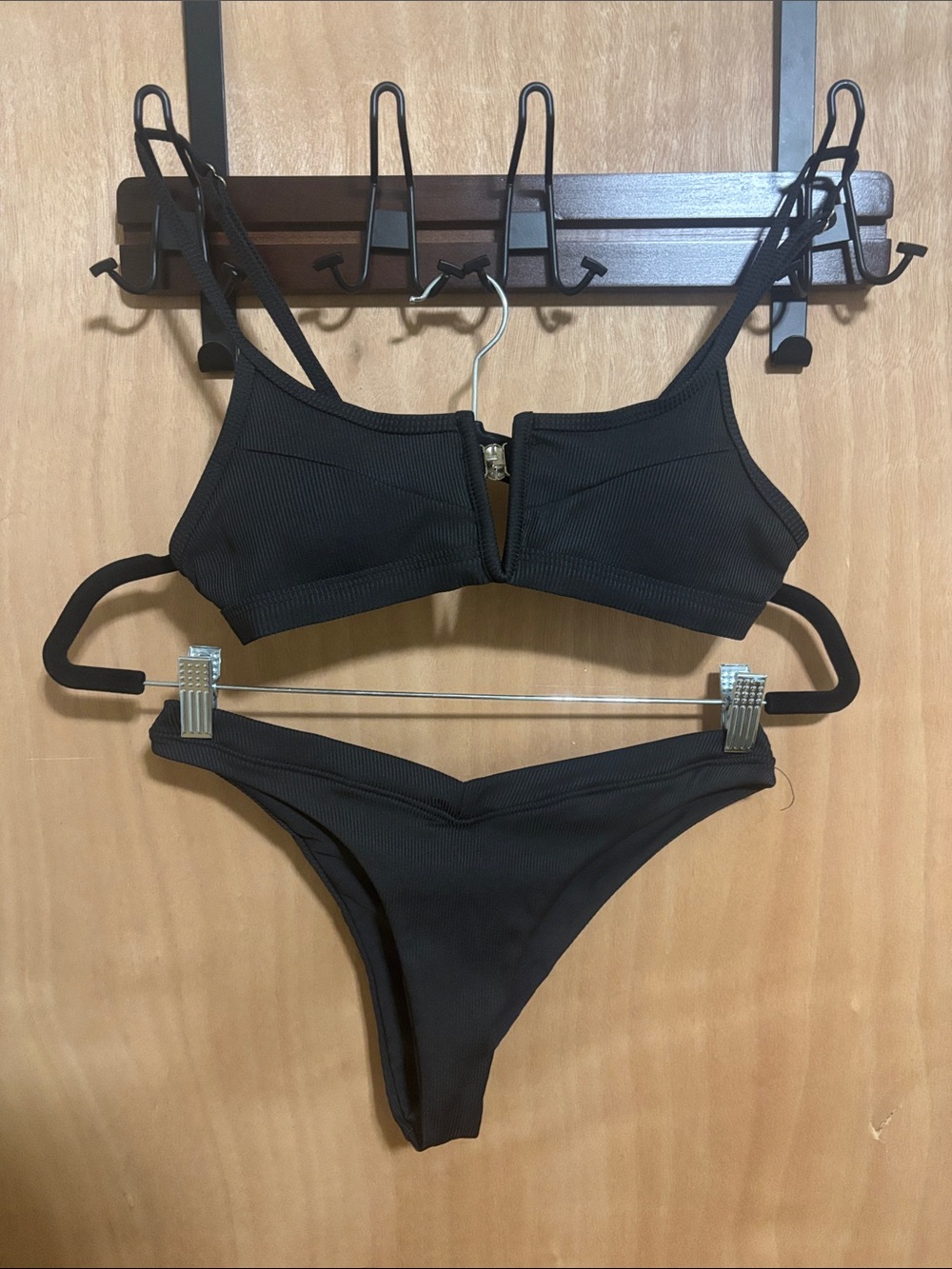 SHEIN Black Ribbed Front-Zip Bikini Set